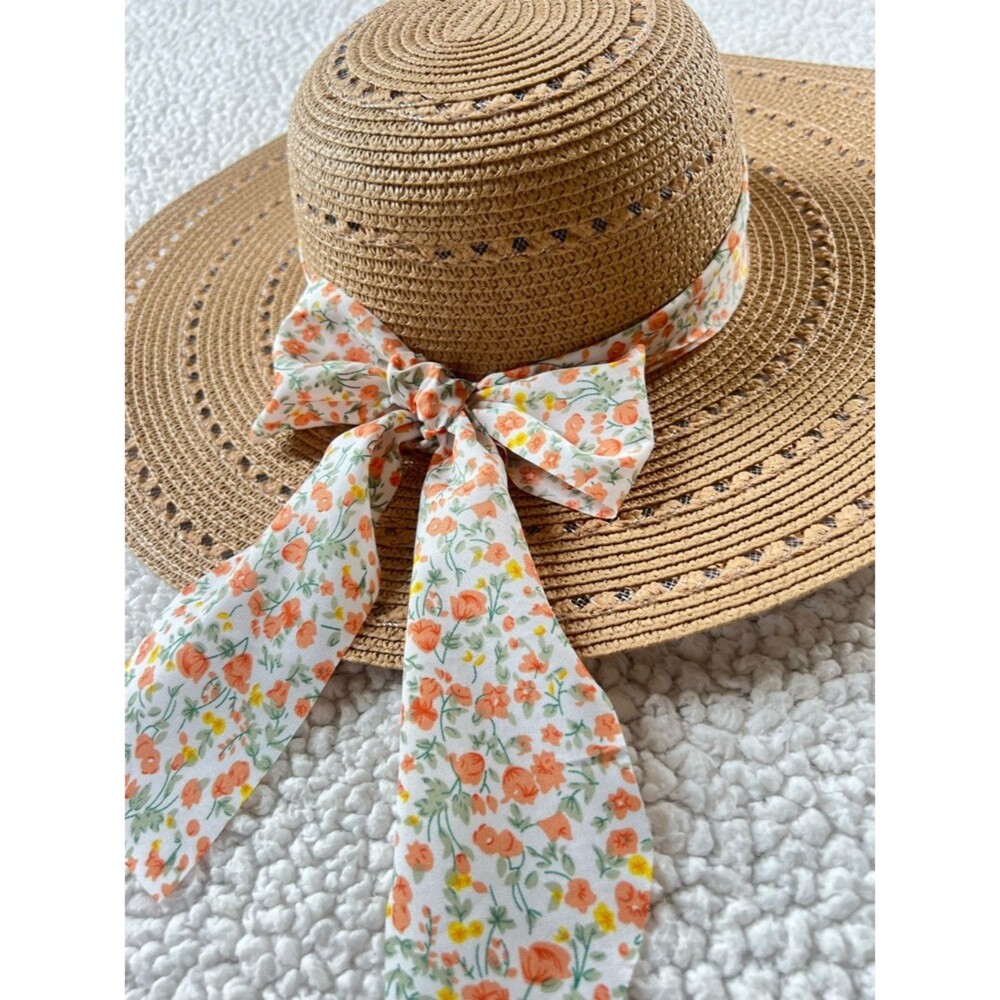 Marcus Adler NY Wide Brim Straw Sun Hat with Floral Scarf Band - Picture 2 of 11